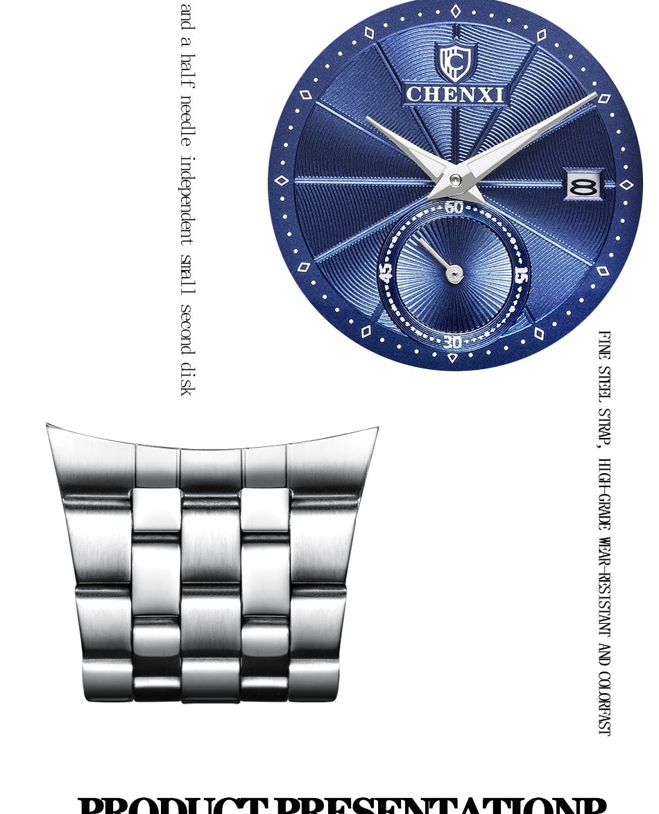 CHENXI Men’s Stainless Steel Rectangle Luminous Business Calendar Quartz Watch