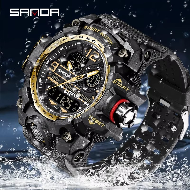Men’s Sports Outdoor Waterproof Tactical Military Watch Date LED Face Black Gold