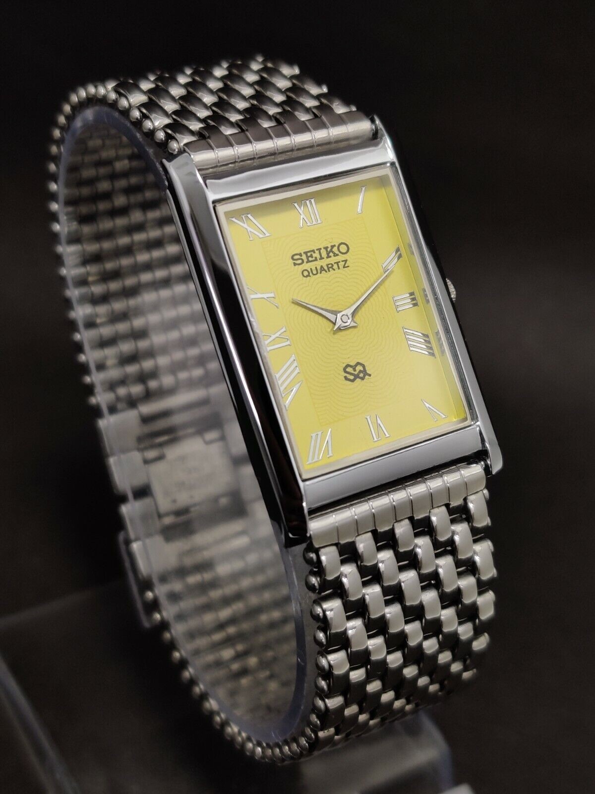 Vintage Seiko Slim Quartz Yellow Face Rectangle Japanese 26MM Men’s Watch A77