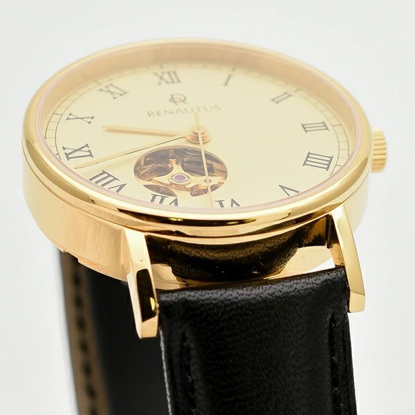 RENAUTUS Automatic Wristwatch Ivory Dial Stainless Steel Black Leather Band