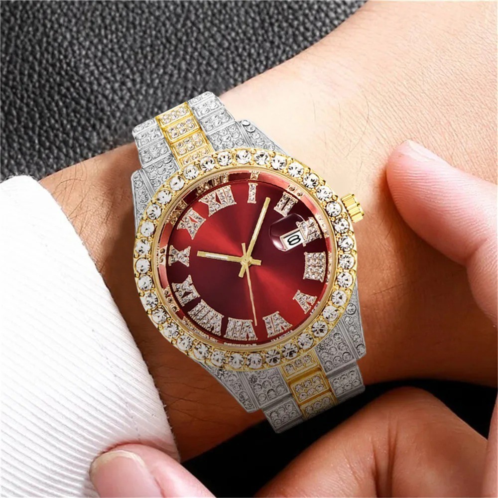 2PCS Men’s Quartz Watch & Bracelet Set Full Diamond Steel Band Roman Dial