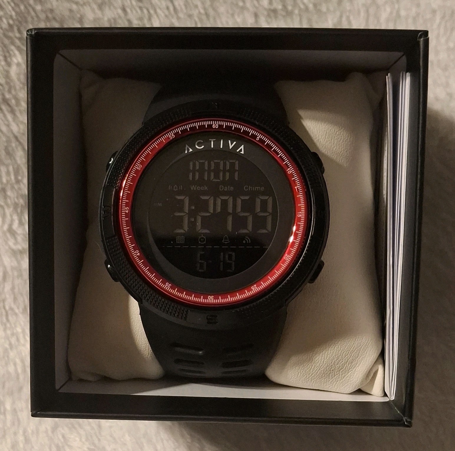 Activa Digital Quartz Sport Wristwatch Black Rubber Strap Red Bezel Box Manual