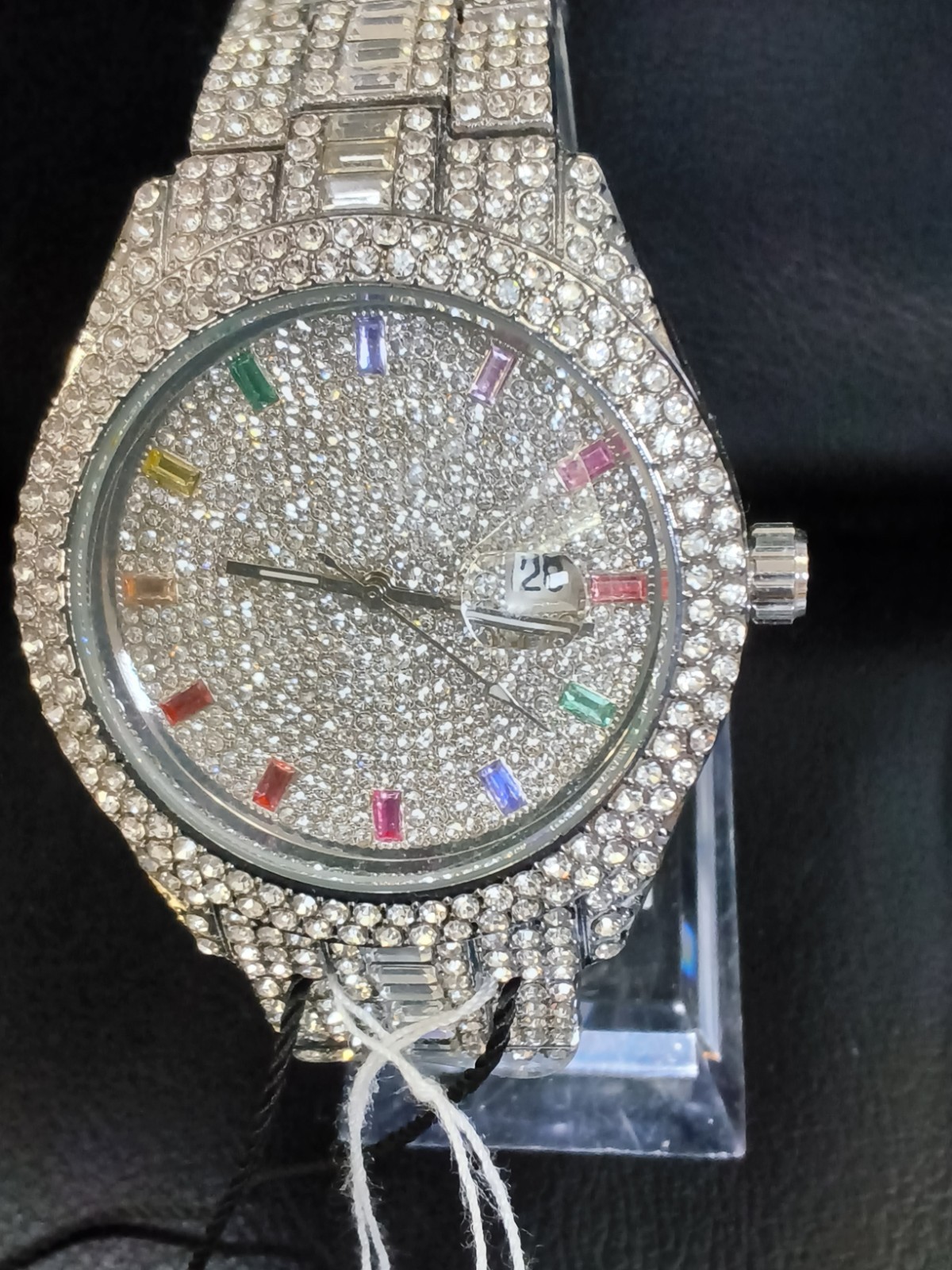 AJ Quality Watches Silver Tone Iced Out Rainbow Crystal 42mm Date Watch…