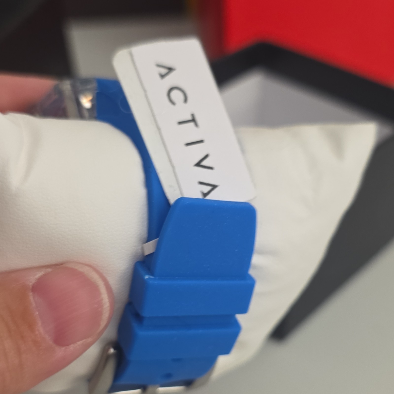 Activa Quartz Chronograph Square Clear Plastic Case Blue Rubber Strap Date