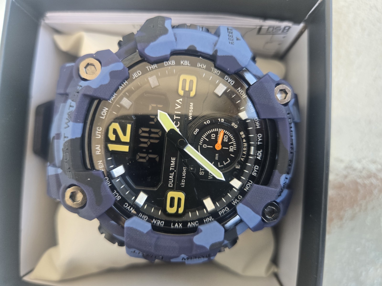 Activa Dual Time Men Quartz Analog-Digital 52mm Resin WR50M Box Papers