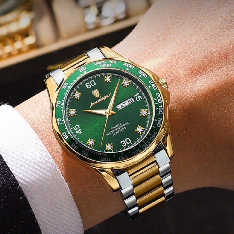 POEDAGAR Men Date Watch Quartz Wristwatch Waterproof Luminous Stainless Watches