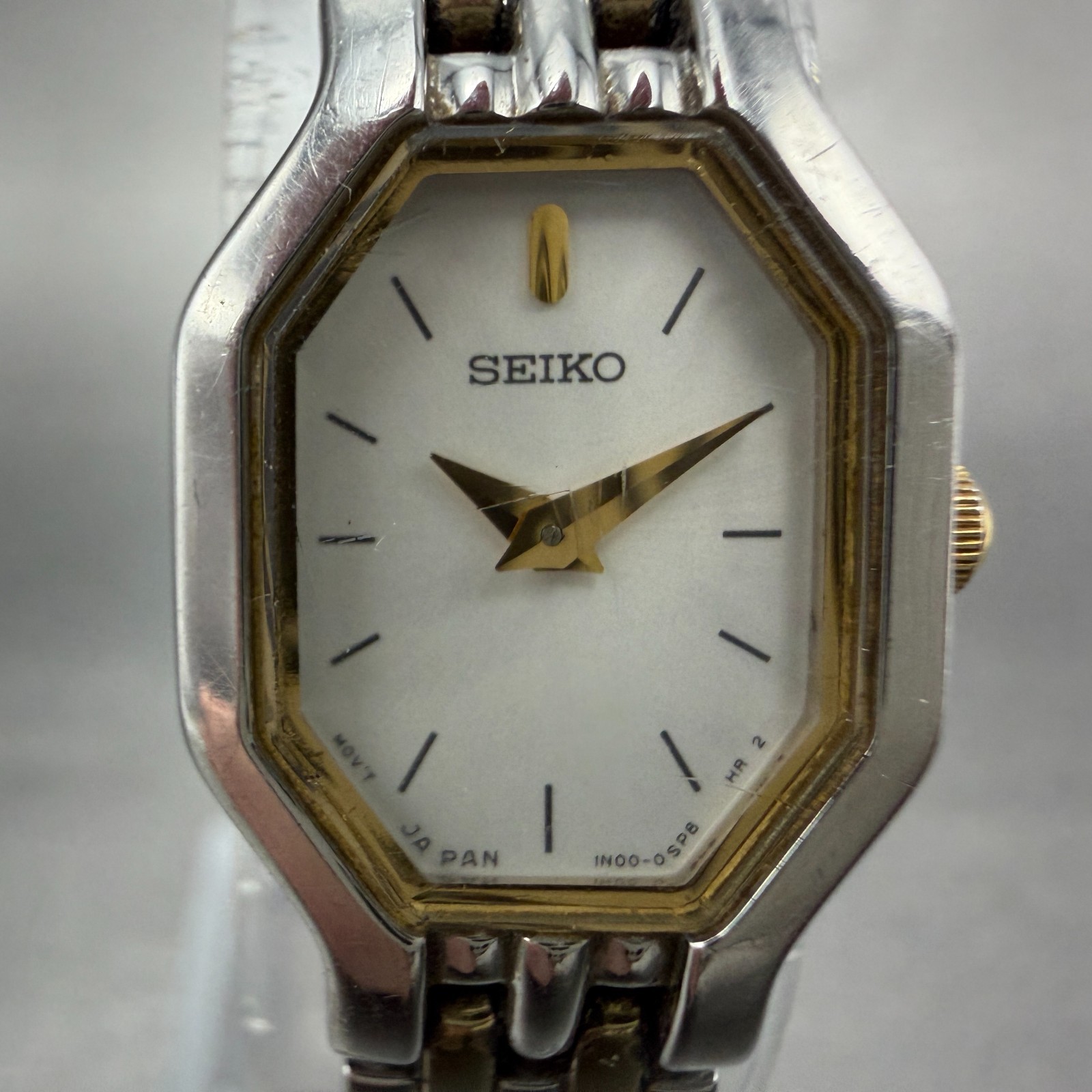 Seiko Watch Women 16mm White Dial Two Tone Octagon 1N00-0GV0 New Battery Vintage
