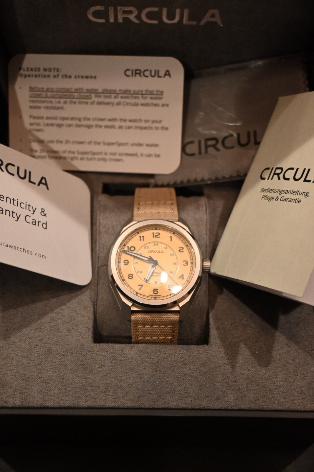 Circula Pro-Trail Sand, pre-owned with original box, papers, strap.
