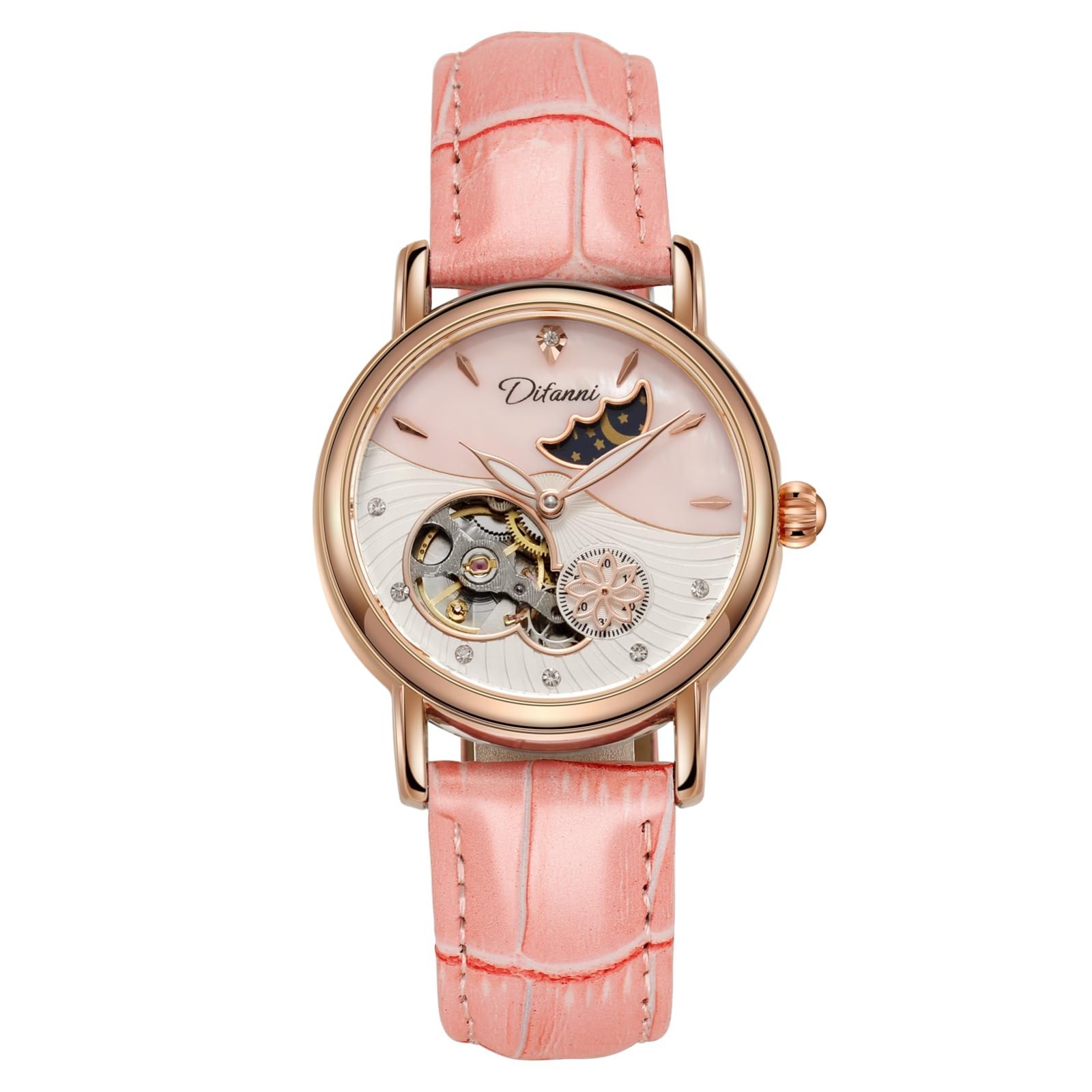 Women’s Moon Phase Automatic Watch – Rose Gold Skeleton Pearl Dial Leather 34mm