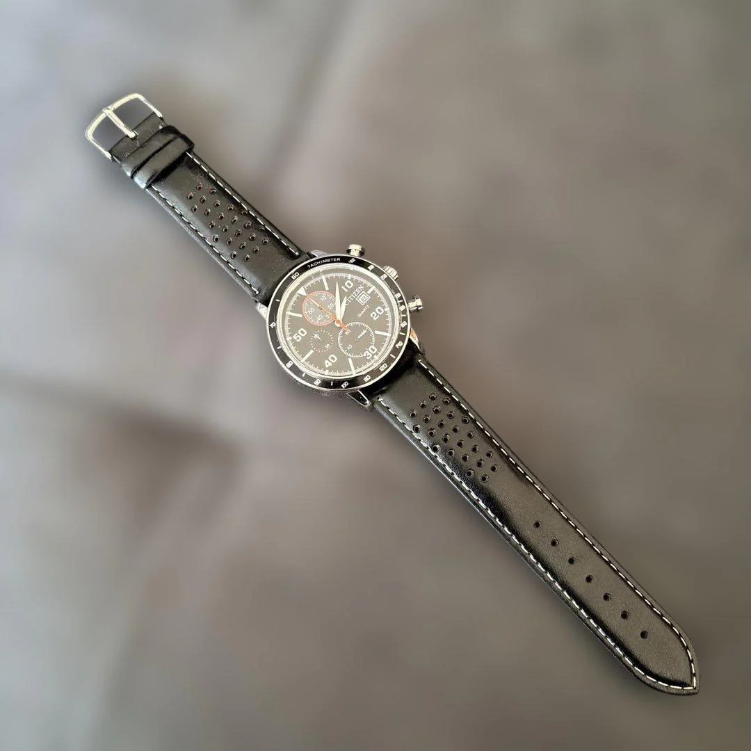 Citizen Chronograph Quartz Mens Stainless Steel Gray Dial Black Leather