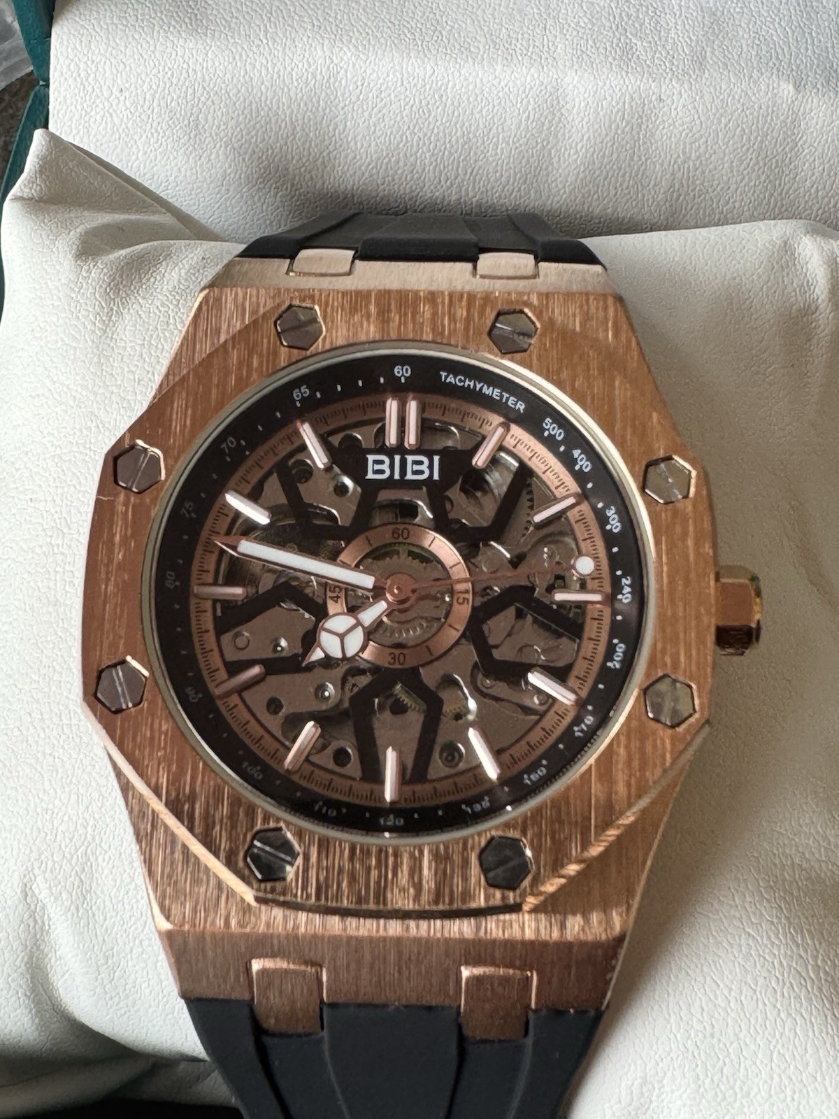 BIBI Skeleton Automatic Watch Rose Gold Black Silicone Strap 41.5mm New Box
