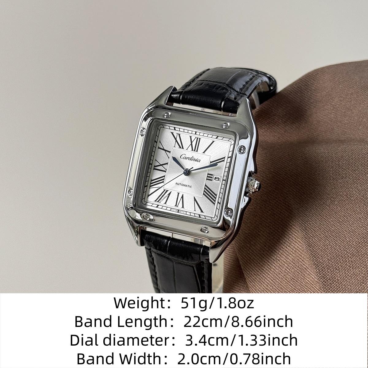 Men’s Square Quartz Watch Roman Numeral Leather Strap Date Waterproof Dress