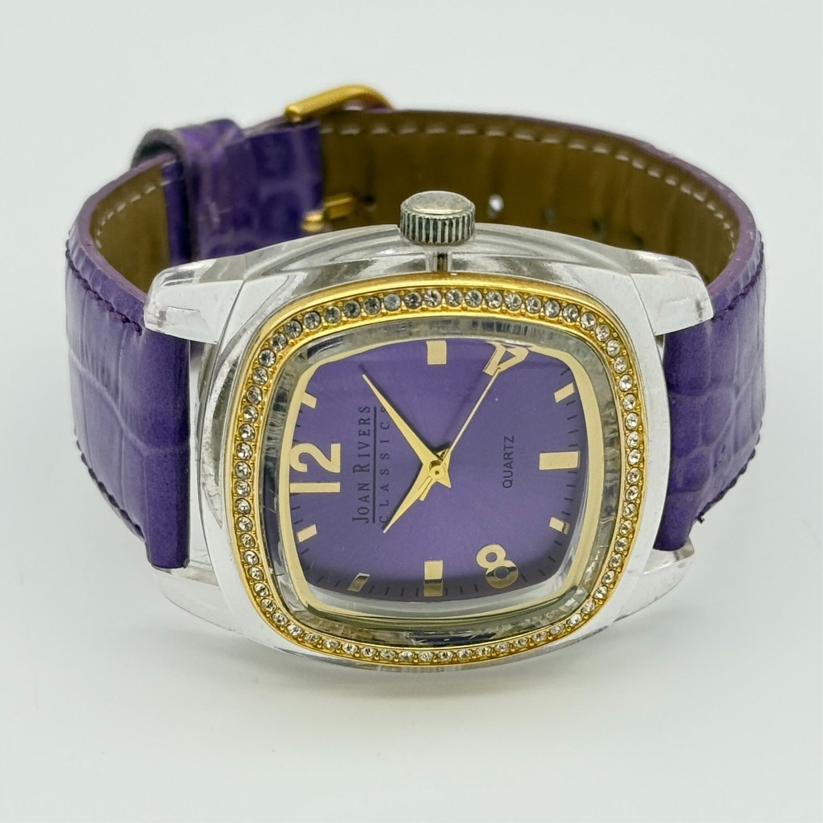Women’s JOAN RIVERS Clear & Gold Tone 38mm Analog Watch, Purple Leather Band