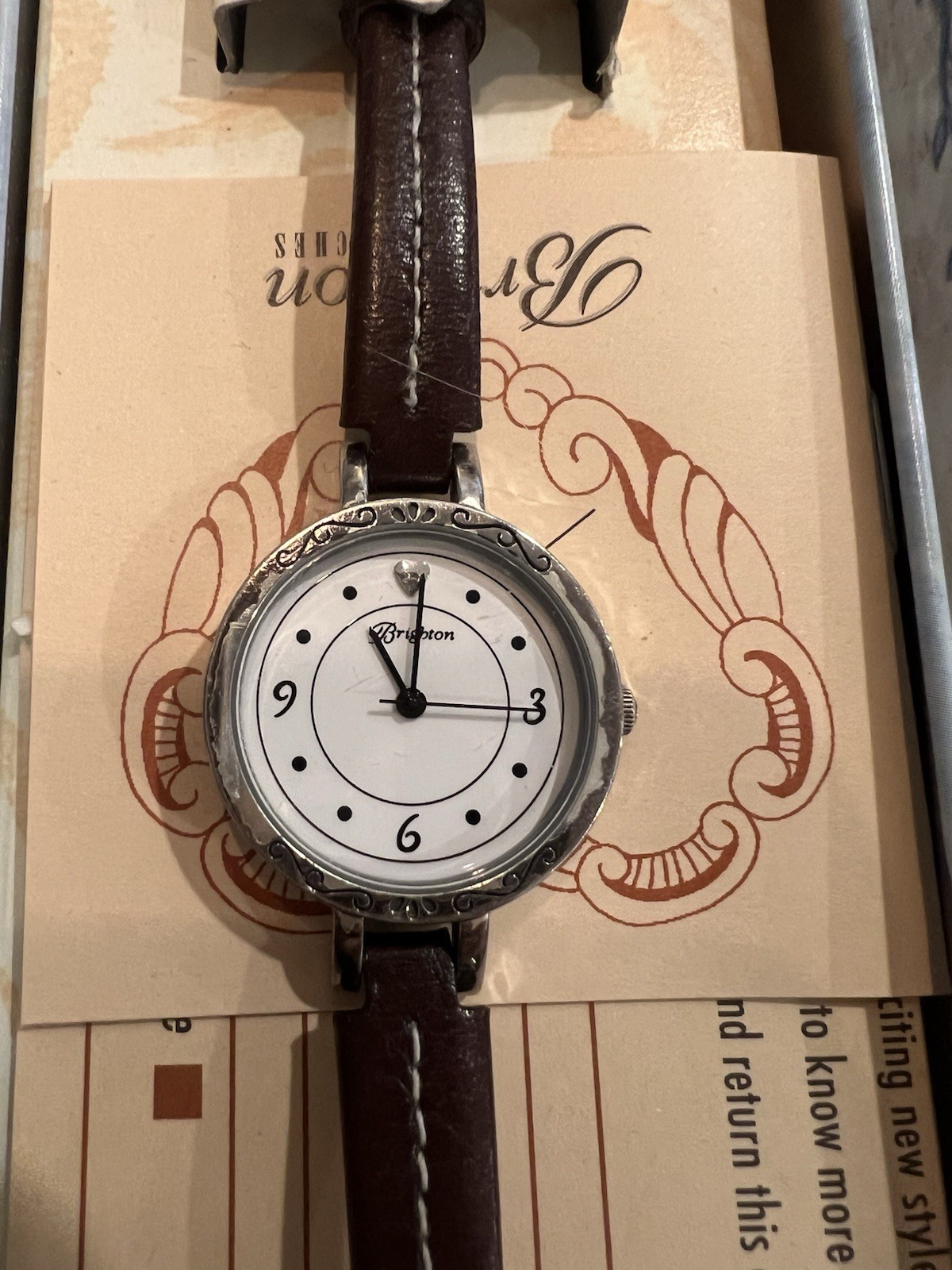 Brighton Basel Women’s Quartz Analog Watch White Dial Brown Leather Strap Box
