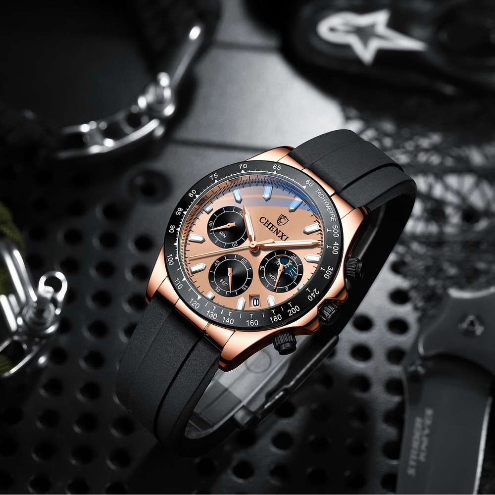 CHENXI Men’s Rose Luminous Calendar Chronograph Moon Phase Business Quartz Watch