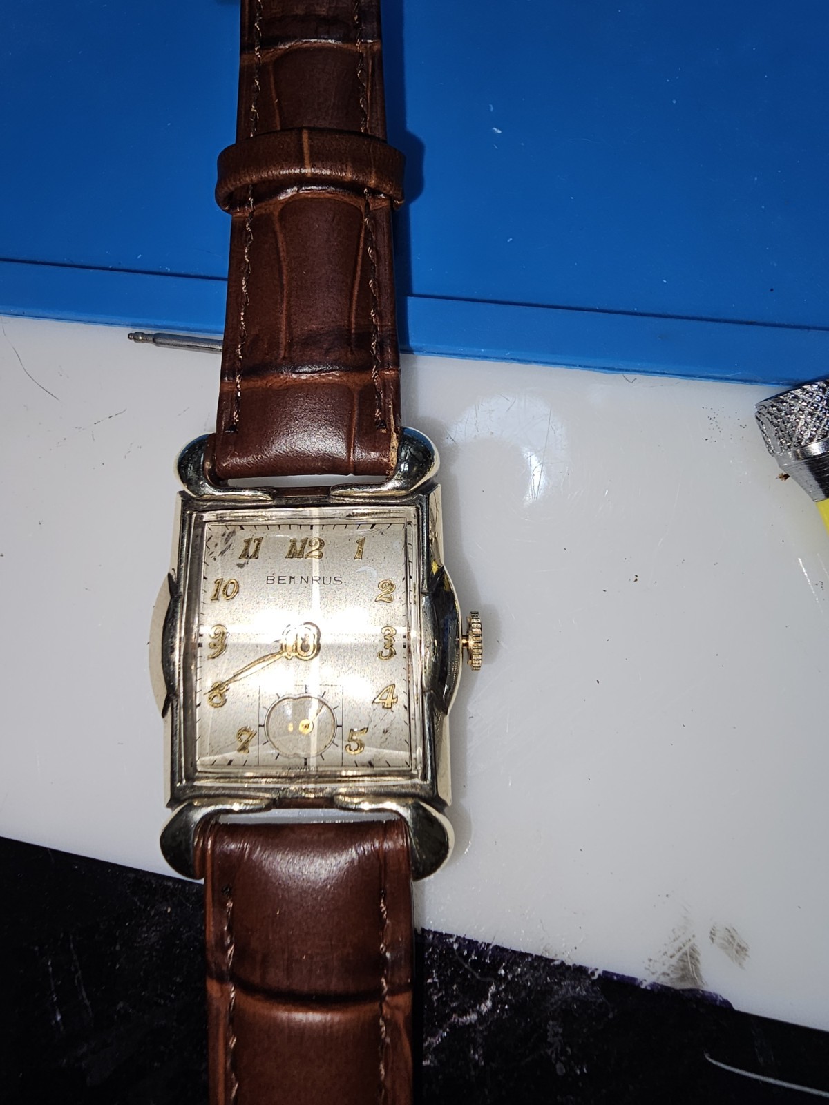 Benrus Tank Vintage 1940s Manual Wind Rectangle Dress Watch Silver Dial Brown