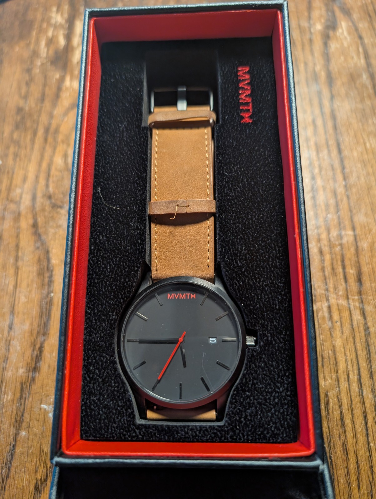 MVMT By Movado Men’s Classic Tan Leather Watch 45mm Black Dial With Box! Runs