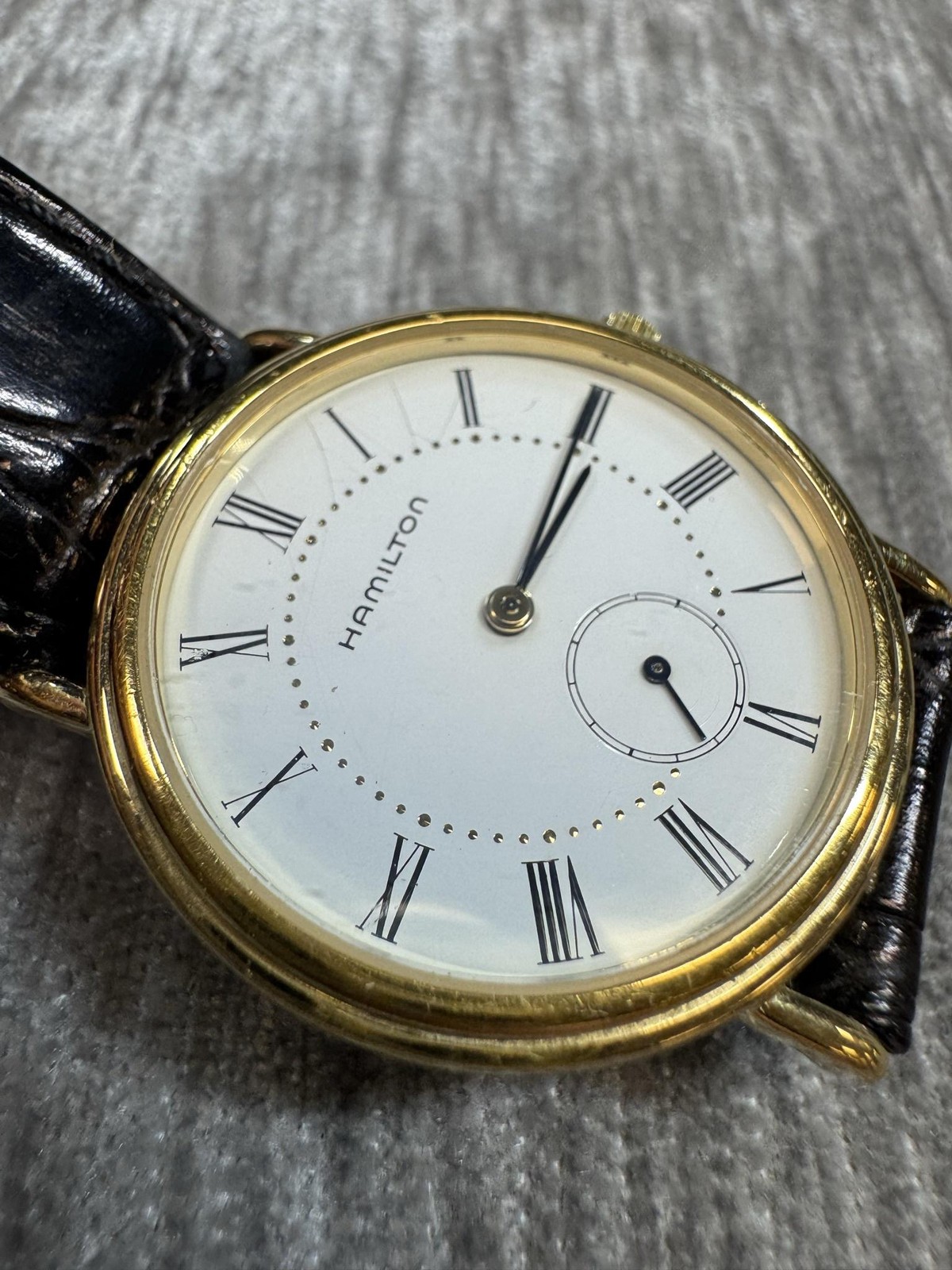 Vintage Hamilton Registered Mens Watch White Dial Gold 6210 Black Leather Formal