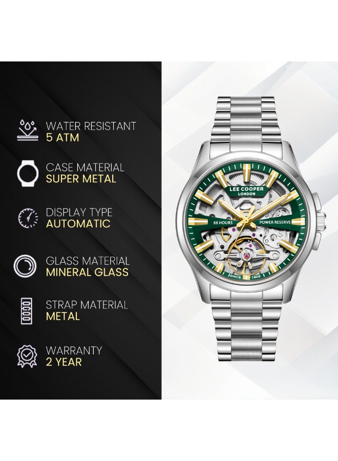 Lee Cooper Men’s Automatic Watch | Green Dial, Silver Case, 43mm, 30 m (3 ATM)
