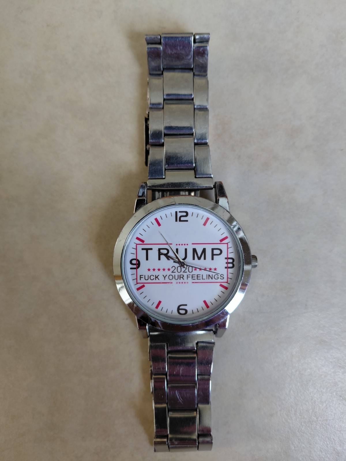 Trump 2020 Unisex Analog Quartz Watch White Logo Dial Silver Metal Bracelet