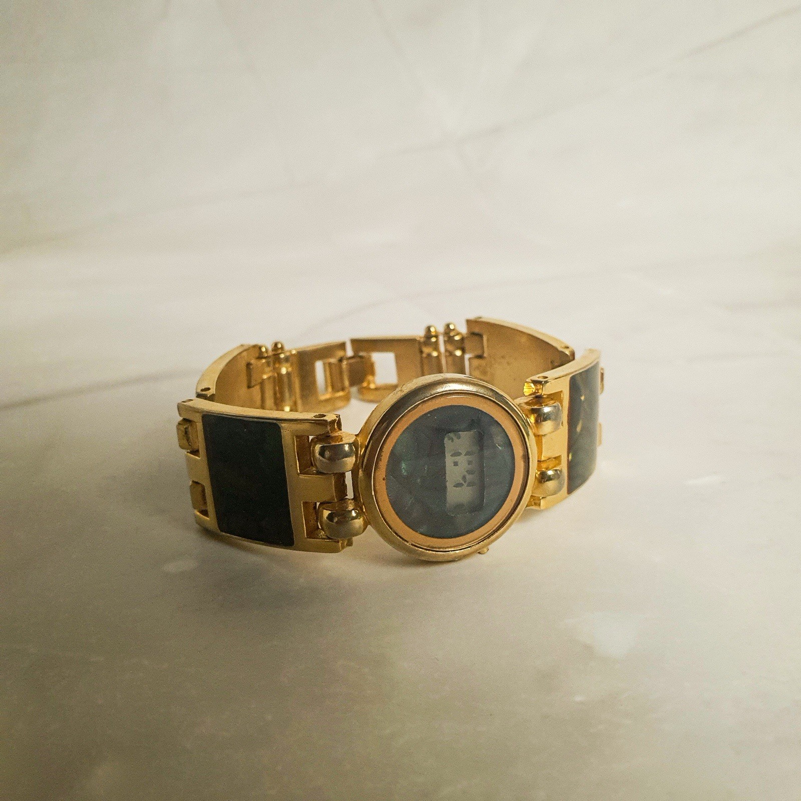 Vintage Ladies Gold Tone Digital Bracelet Watch Abalone Effect Working New Batt