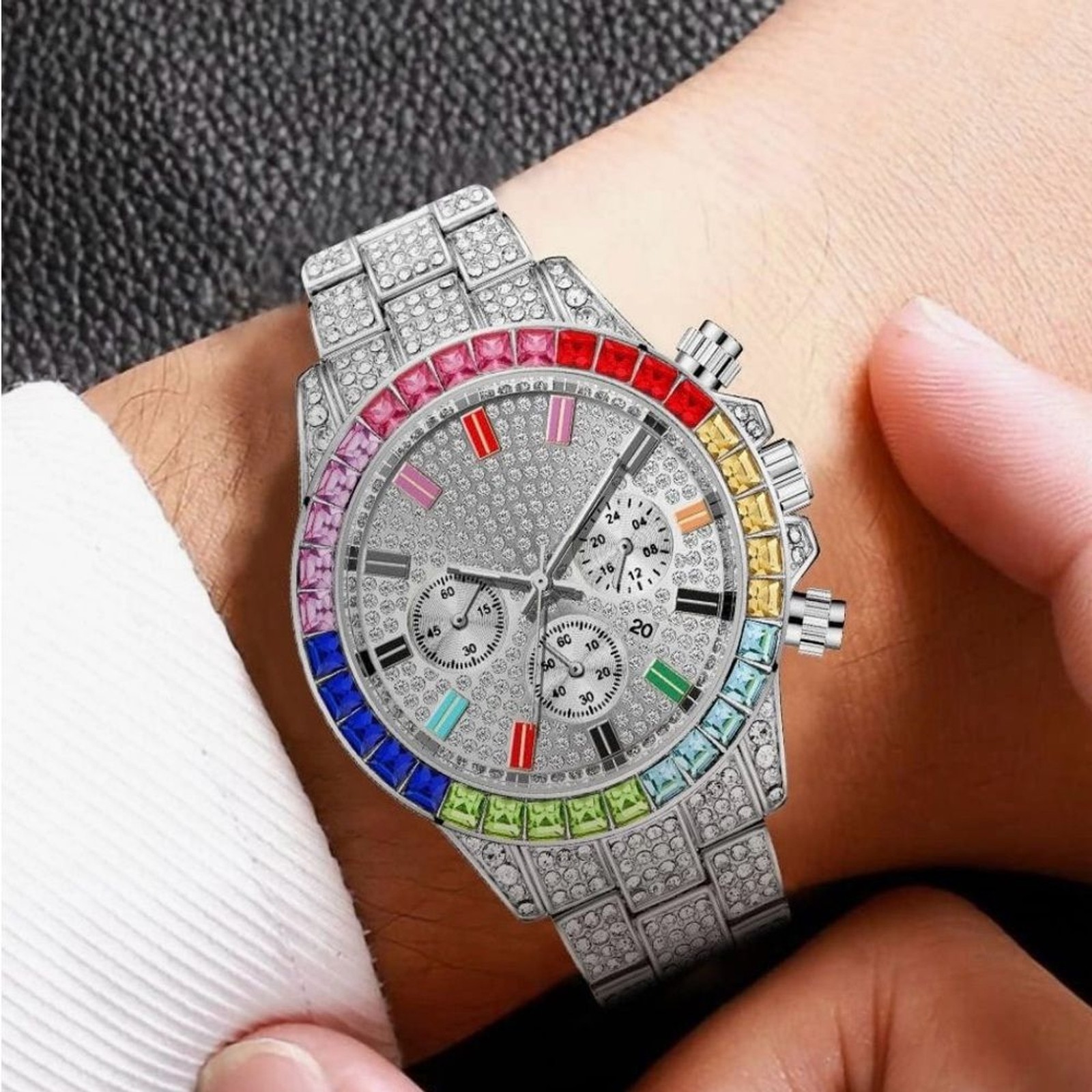 Iced-Out Multicolor CZ Bustdown Watch VVS Simulated Diamond Hip-Hop Style Rapper