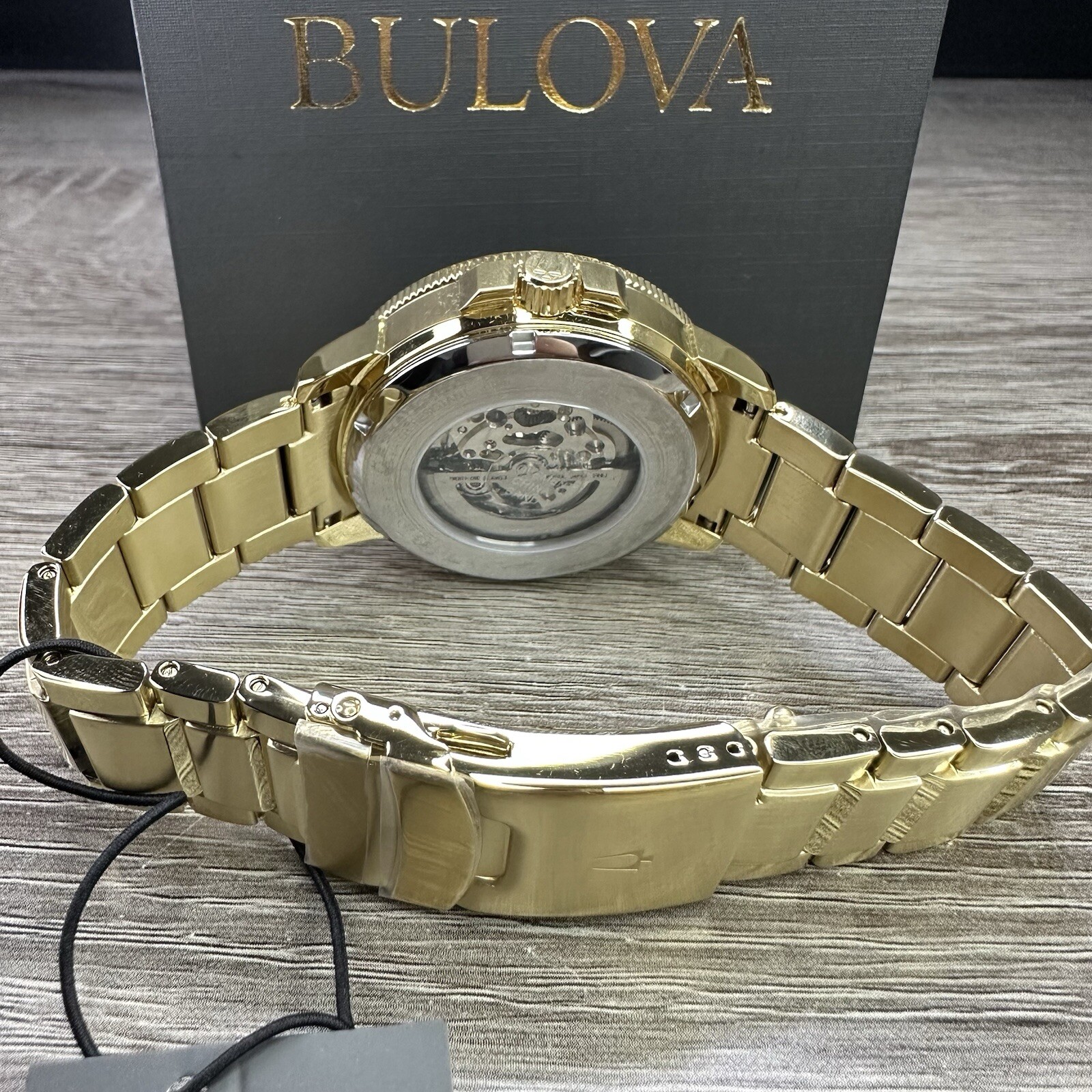 NEW✅AUTOMATIC✅ Bulova Marine Star Gold Tone Black Dial Skeleton Men Watch 97A174