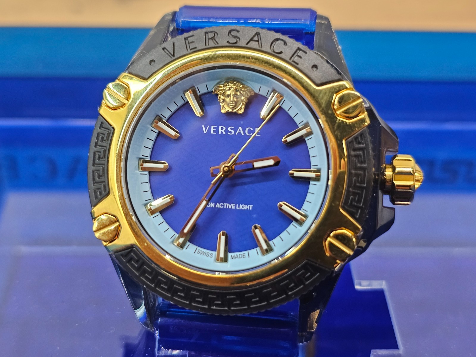 Versace Icon Active Indiglo Quartz Watch, Polycarbonate, Blue 43mm, VE6E00323
