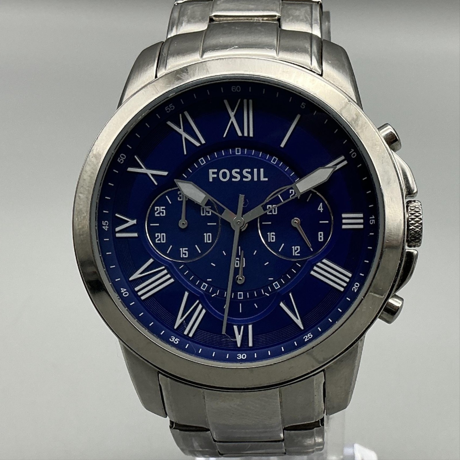 Fossil FS4844 Mens Watch 44mm Blue Dial Stainless Chronograph New Battery 7″