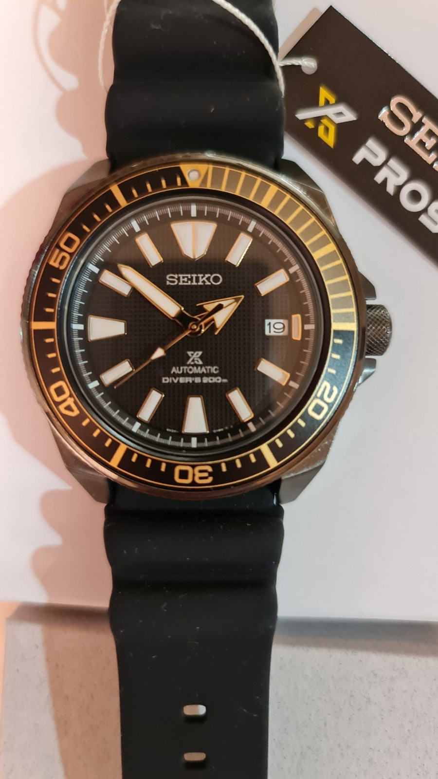SEIKO ProspeX SRPB55K1 Samurai Automatic Watch Diver’s Gold Bezel Rubber Black