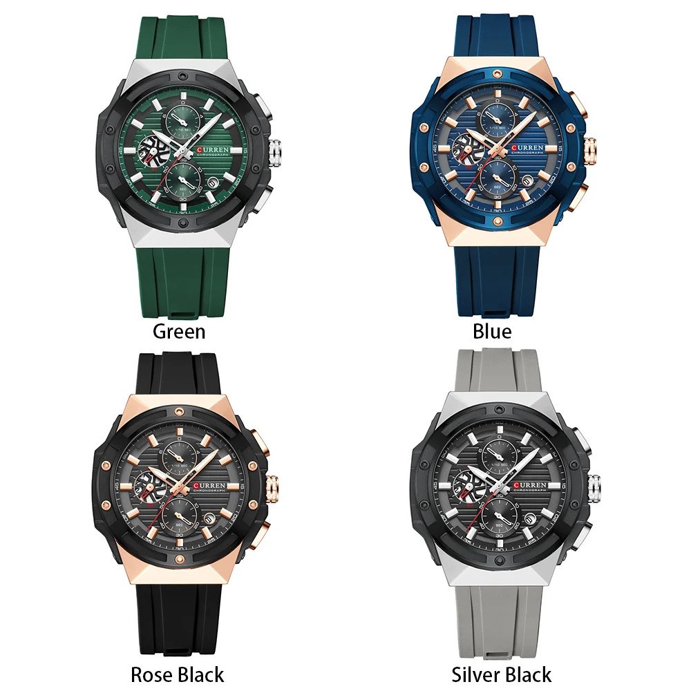 CURREN Men Sport Watch Chronograph Quartz Large Dial Silicone Strap Waterproof