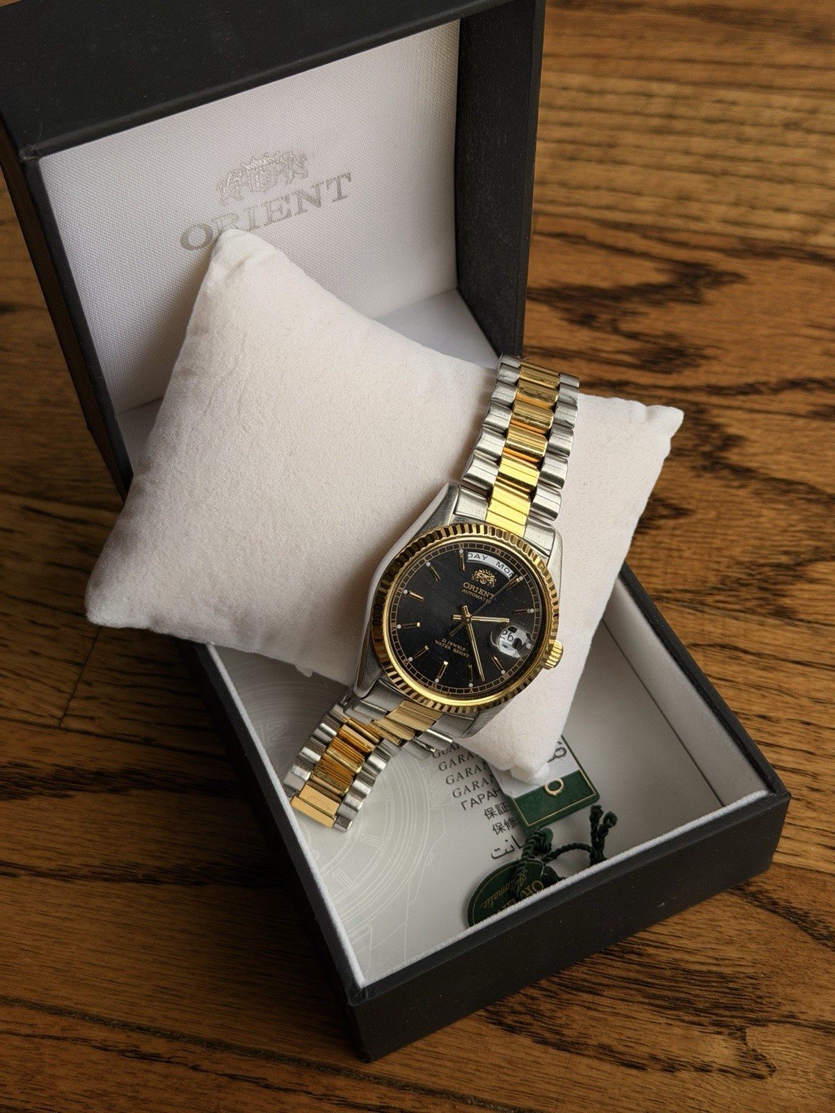 Orient President Automatic Day-Date Two-Tone 36mm Black Dial Box Papers