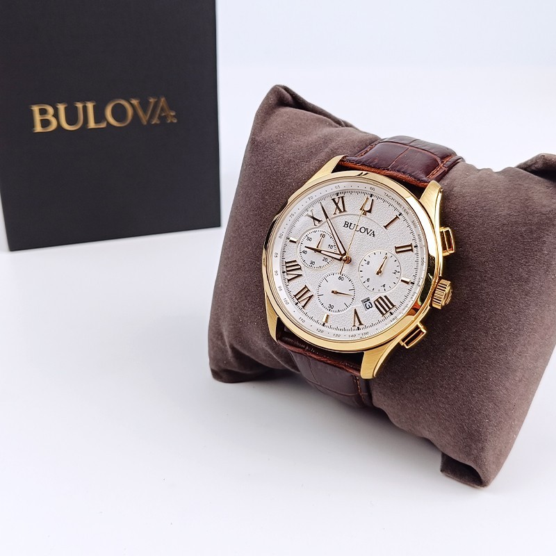 Bulova Men Wilton White White Dial Brown Leather 97B169 Chronograph Watch 46.5mm