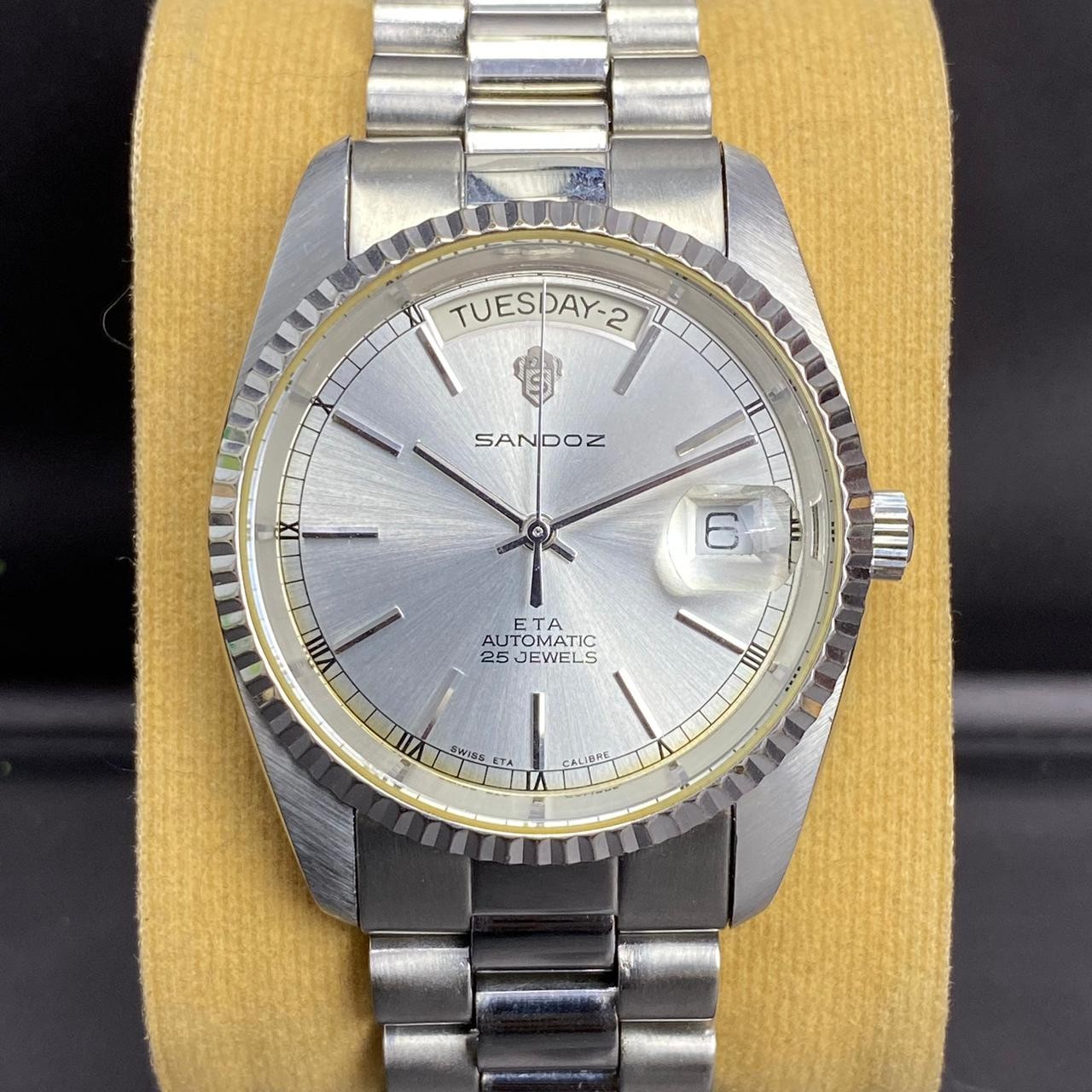 Rare Sandoz President Automatic ETA Swiss Silver Dial Day Date Vintage Watch Men