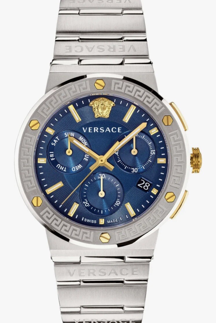 VERSACE VEZ900221 Greca Logo Chrono Blue/ Gold Silver Men’s Watch Timer