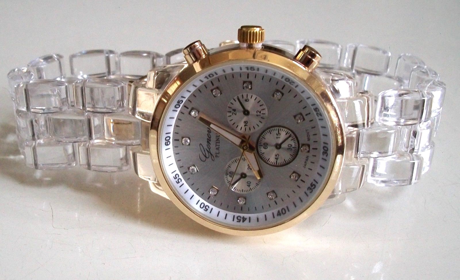 Women’s Fashion Clear & Gold Finish Boyfriend Geneva Casual Wrist Watch