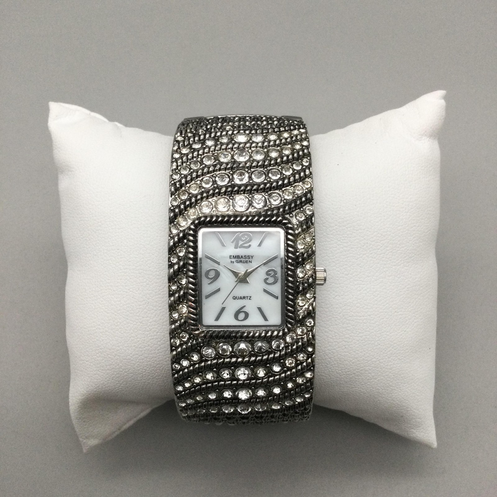 Embassy Gruen Womens Watch 28mm White MOP Dial Crystal Bangle New Battery 7.25″