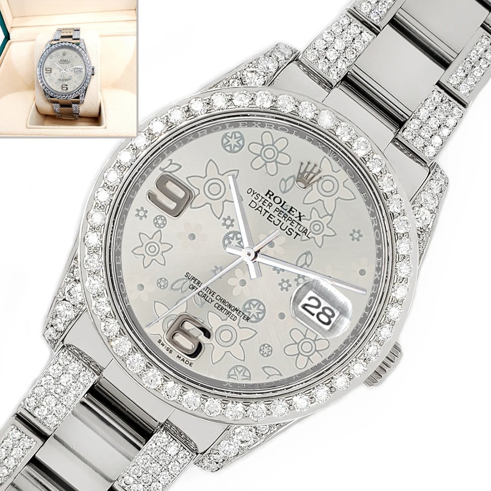Rolex Datejust 36mm Silver Floral Dial Custom 5.9ct Diamond Bezel/Lugs/Bracelet