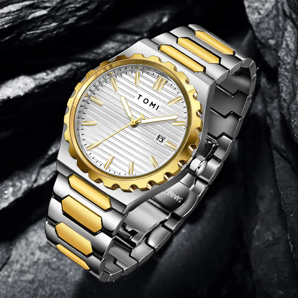 TOMI New 4PCS Luxury Men Watch Gift Set High Quality Steel Strip Striped Dial