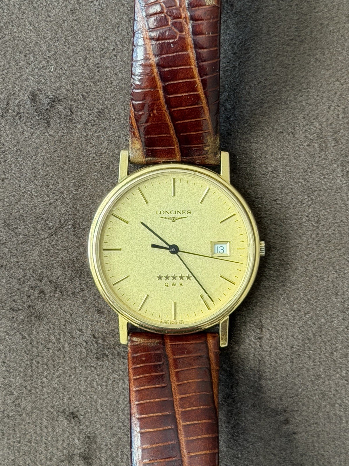 Longines Flagship Men’s Quartz Gold Plated Watch Gold Dial Date Brown Leather