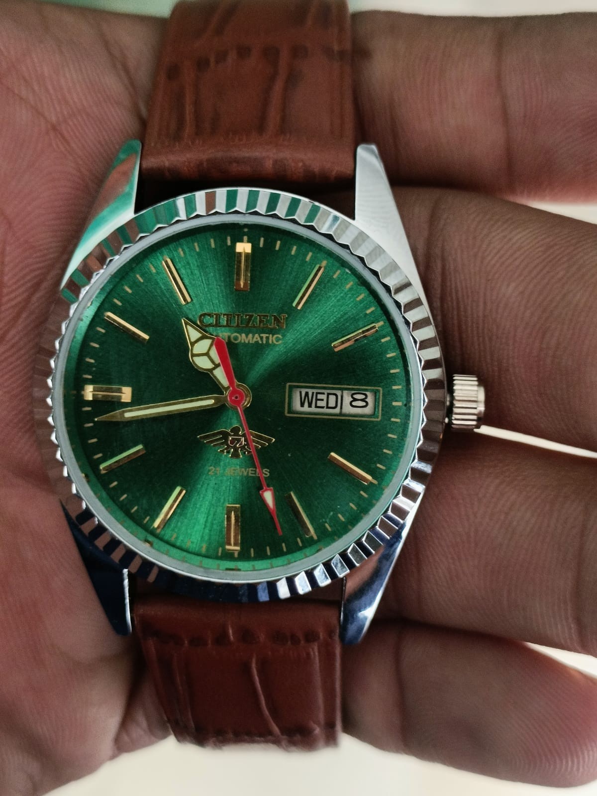 Citizen Automatic Green Dial Day/Date 21 Jewels Stainless Steel Mens Wrist Watch