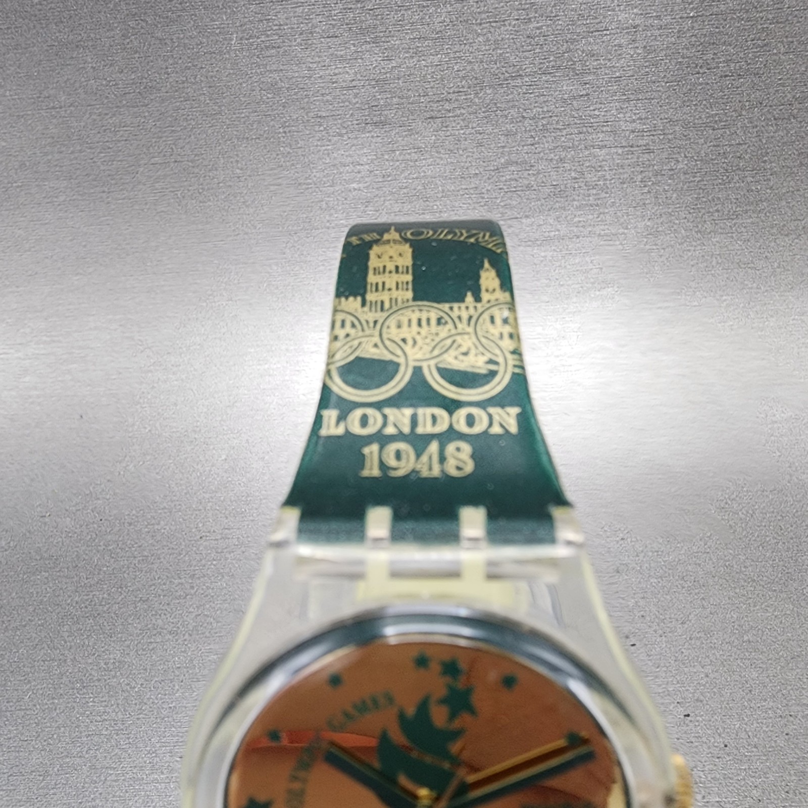 Swatch Olympics 1996 Watch Men 34mm Gold Dial Clear Round GZ136 New Battery