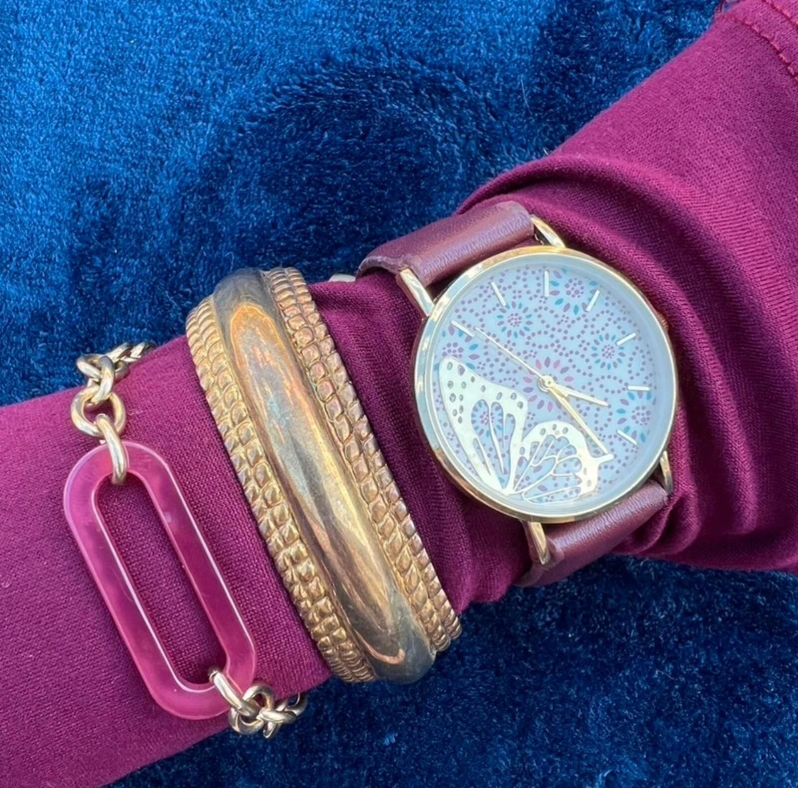 Burgundy & Gold Watch & Bracelet Set