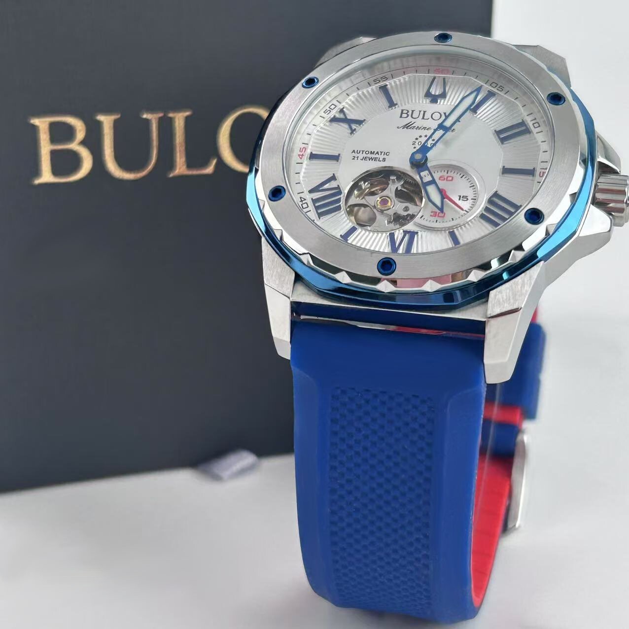 Bulova Marine Star 98A225 White Dial Red/Blue Rubber Strap Men’s Automatic Watch