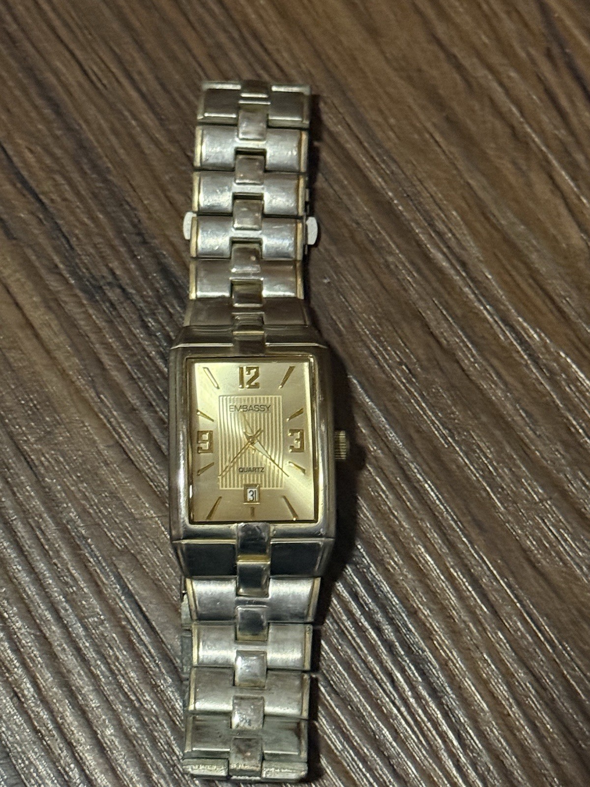 Embassy Quartz Women’s Rectangle Watch Gold Dial Date Silver Bracelet