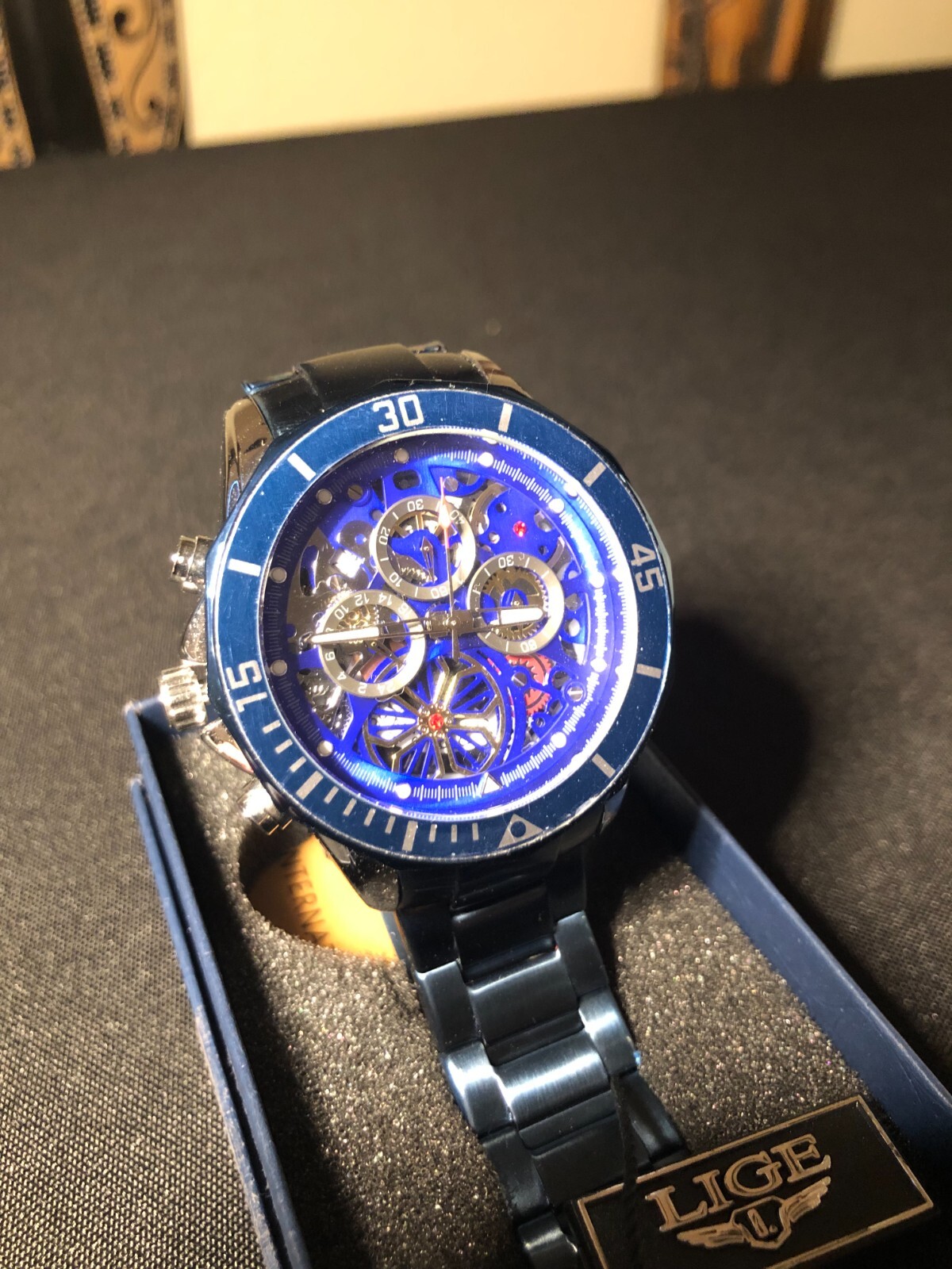 LIGE 1853 Dream Men’s Gold Tone Chronograph, SS Blue Bracelet New Battery in Box