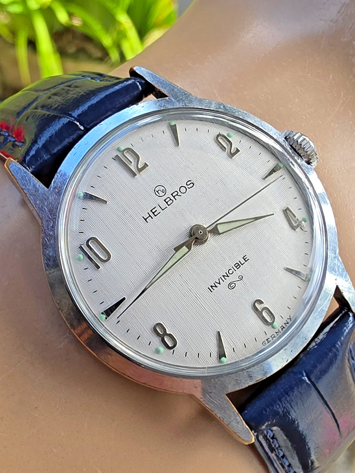 Vintage HELBROS men’s manual wind watch Linen dial PUW 61 Germany 1950s