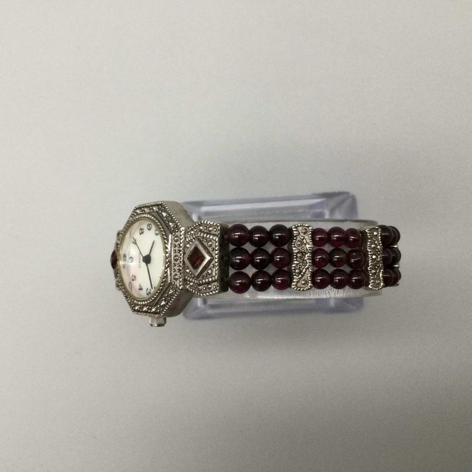 Avon Womens Watch 23mm Marcasite Red Bead Bracelet Silver Tone New Battery 6.5″
