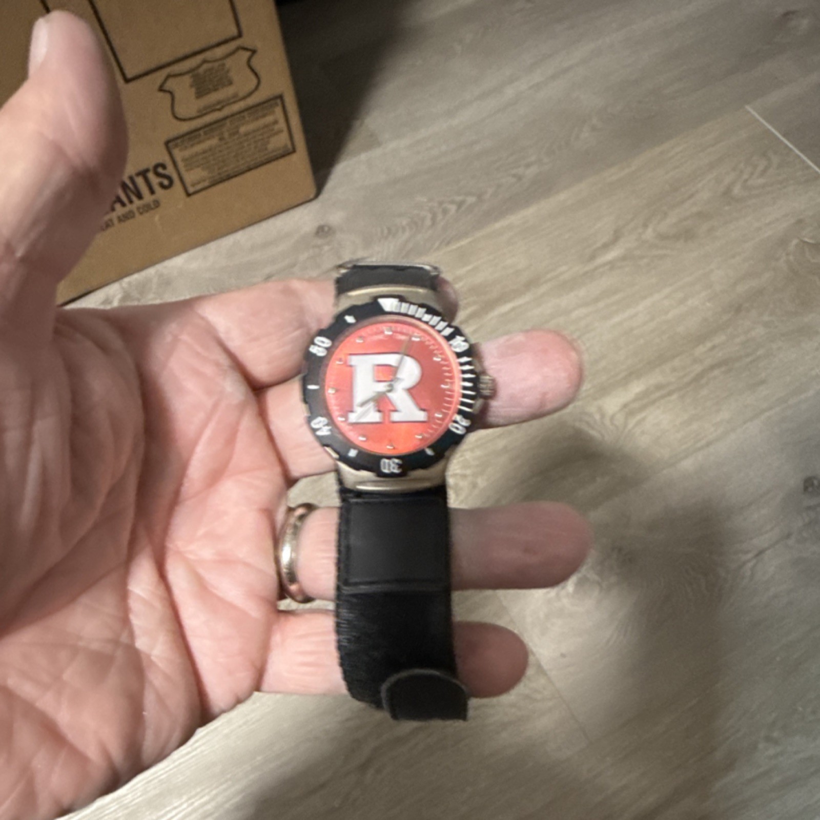 Rutgers Wristwatch Black Band Red Dial Analog Arrow Markers Silver Black Case