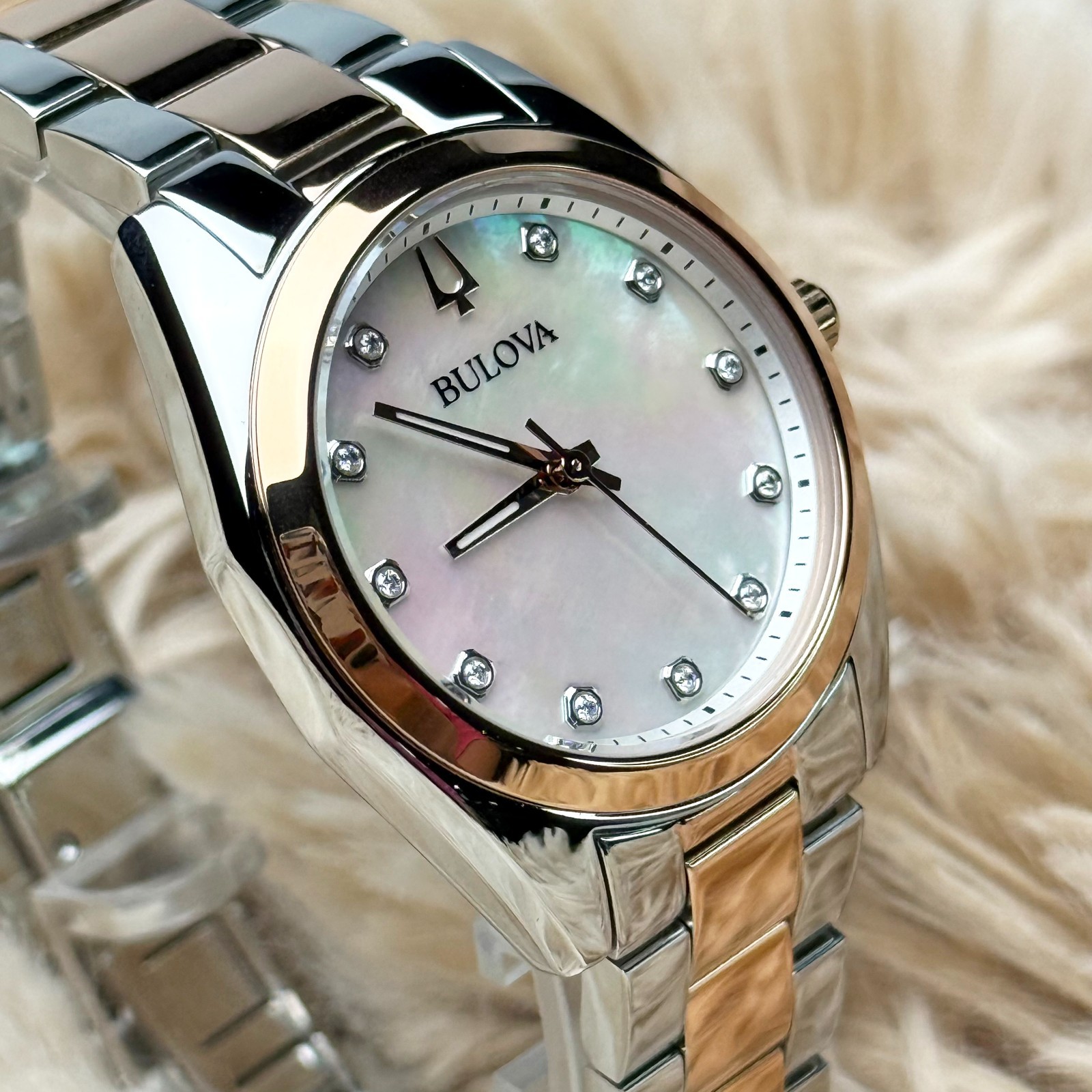 Bulova Surveyor Mother of Pearl White Dial Rose Gold Strap Women’s Watch 98P207